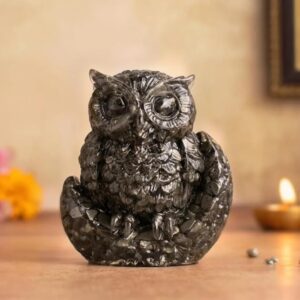 Pyrite Owl Figurine, Hand-Carved Pyrite Sculpture